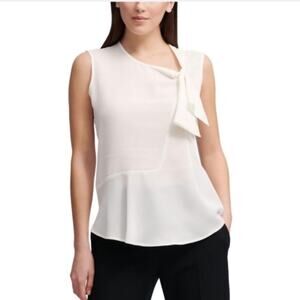 DKNY White Asymmetric Sleeveless Tie-Neck Blouse Top